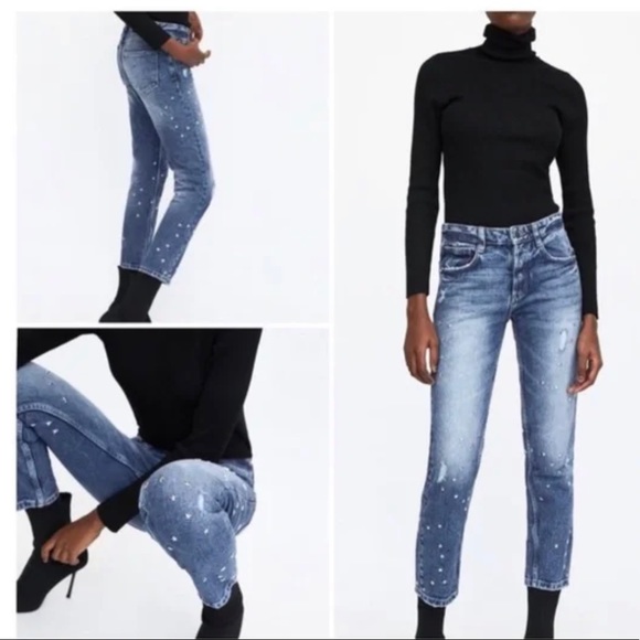 Zara Star Stud Straight Blue Button Fly Jeans size 6 - Picture 1 of 5